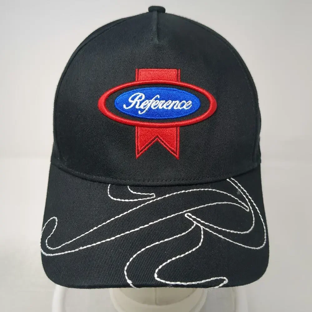 Reference 5 Panel Black Hat One Size Graphic Brim Snapback Script Embroidery
